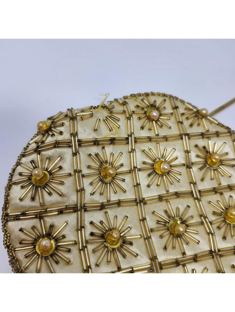 Vintage Beaded Evening Clutch Gold Hong Kong Purse Kisslock Chain 1960s - Picture 7 of 8
